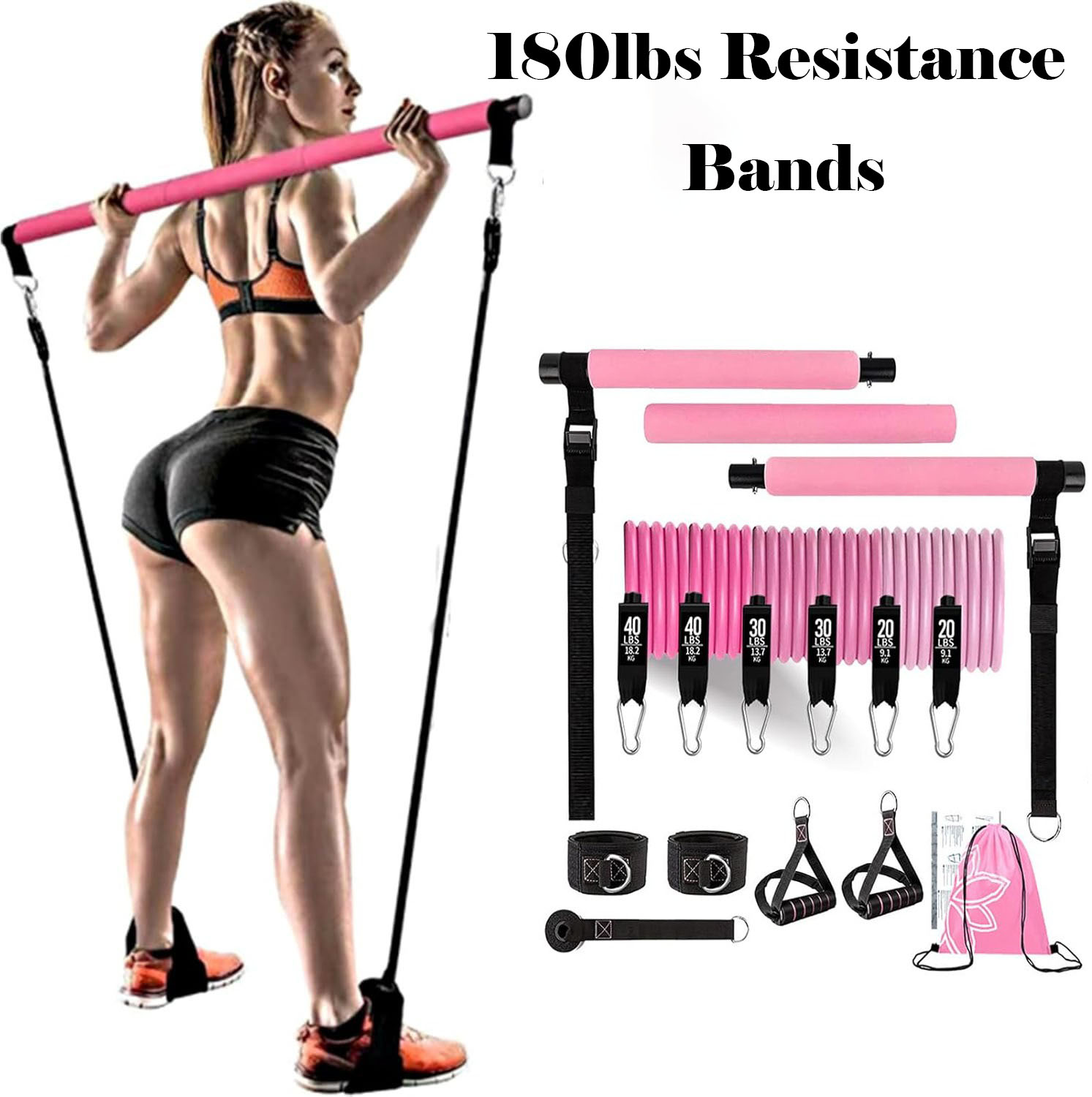 180lbs Resistance Bands with A - Pilates Bar Kit With Resistance Bands 评论和价格